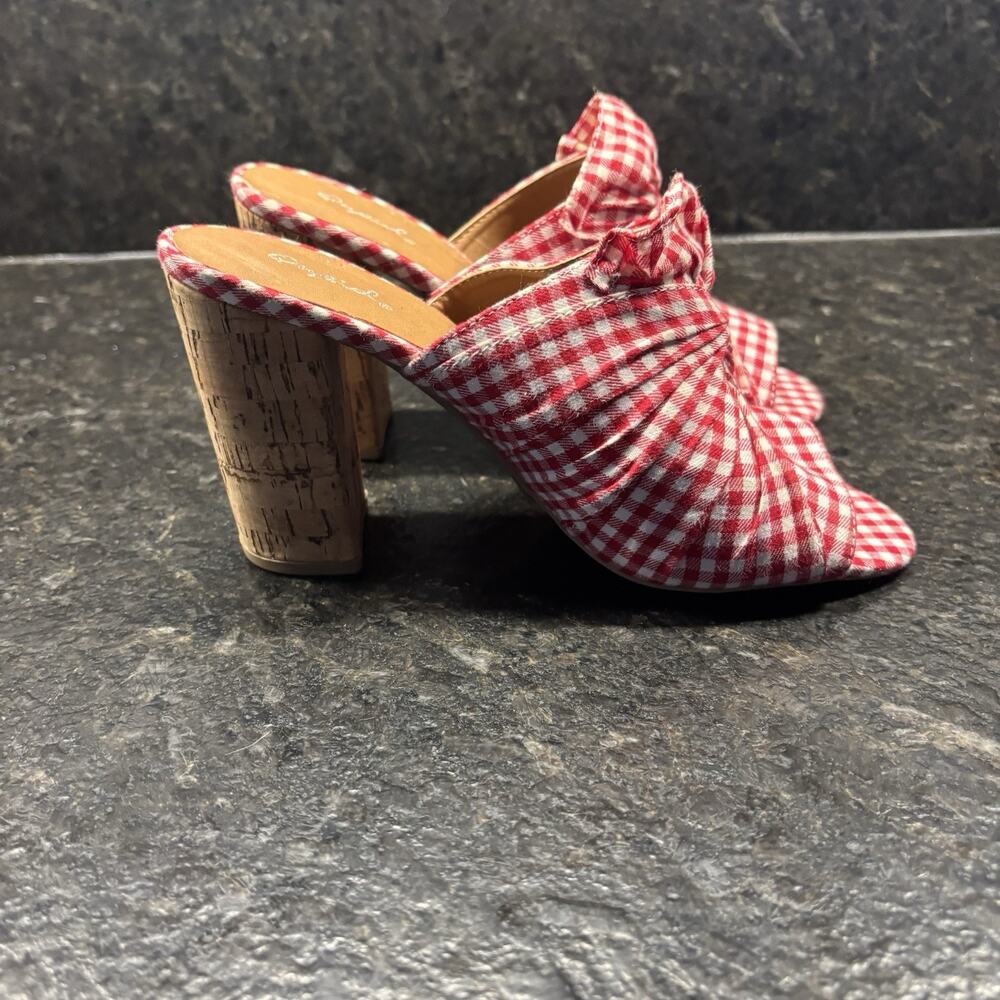 Qupid Gingham Check Fabric Cork Block Heel Open Toe Slides Red And White Sz 6.5